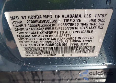 2008 Honda Pilot Ex-L из США, поврежденный, VIN 5FNYF18608B028166